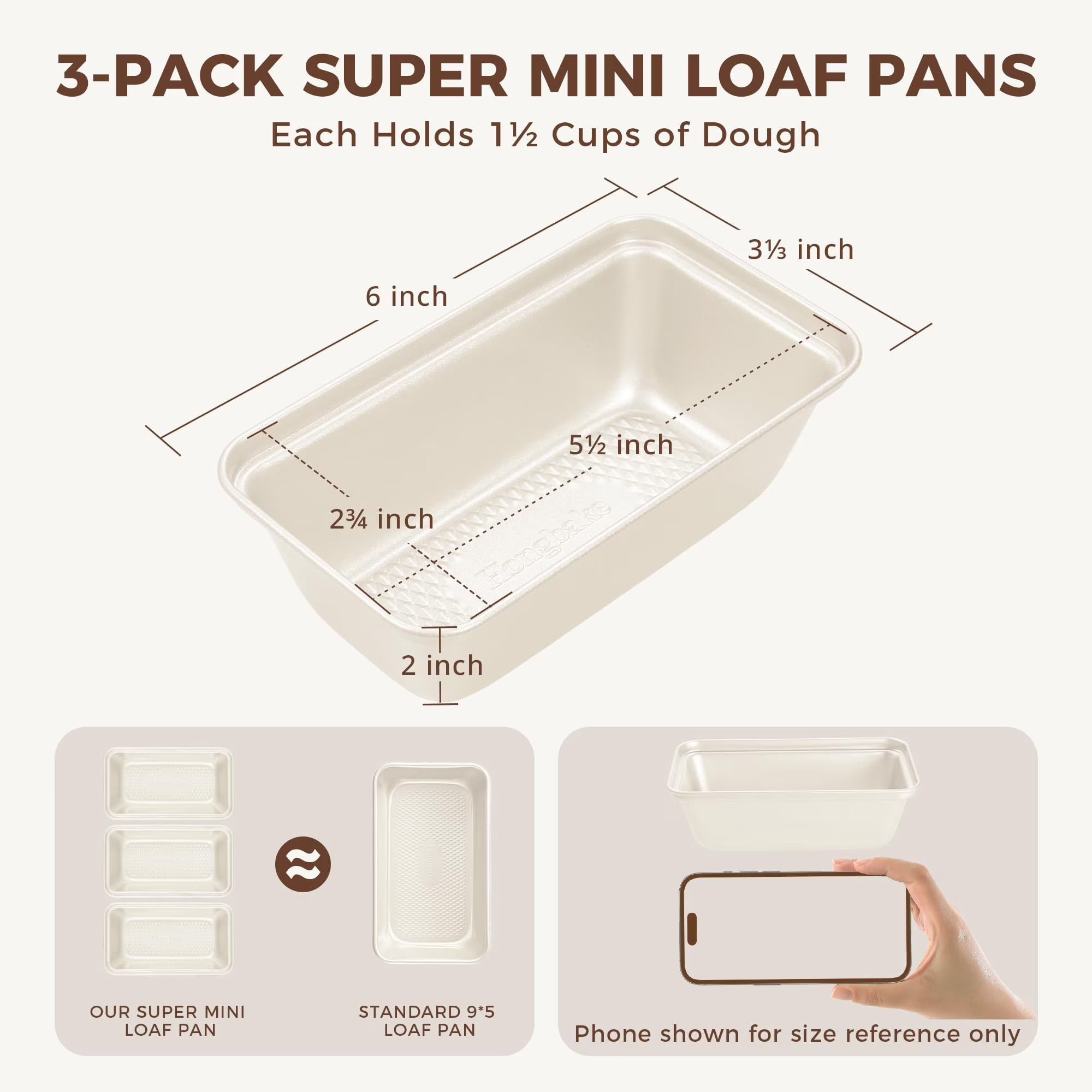 HONGBAKE 3 Pack Nonstick Mini Loaf Pans, 6 x 3.3 x 2 Inch Small Bread Pans for Homemade Bread, Banana Small Baking Pans with Diamond Texture, Non-toxic Mini Meatloaf Pans Set, Creamy