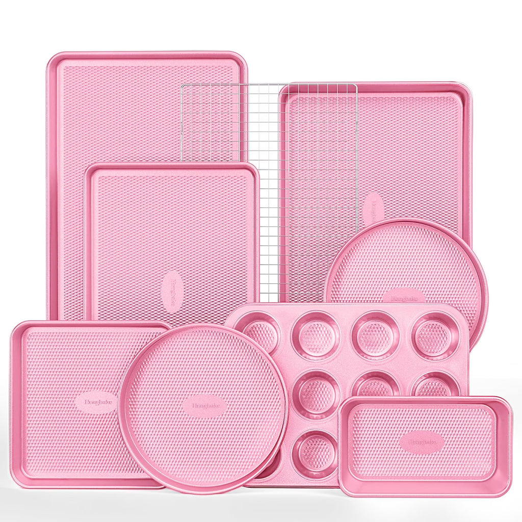 HONGBAKE 9-Piece Baking Pans Set Nonstick, Stackable Non Toxic Bakeware Sets with Diamond Texture, Oven Pan Set for Cooking, Includes Cookie Sheet with Rack, Cake Pan, Roasting Pan, Muffin Pan, Pink
