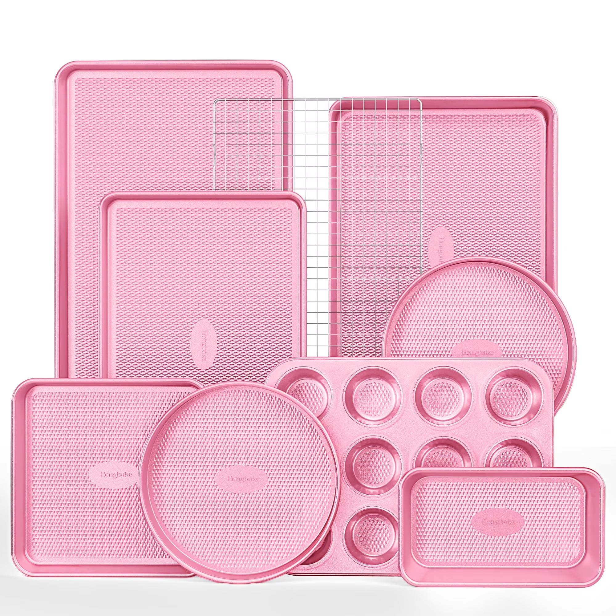 HONGBAKE 9-Piece Baking Pans Set Nonstick, Stackable Non Toxic Bakeware Sets with Diamond Texture, Oven Pan Set for Cooking, Includes Cookie Sheet with Rack, Cake Pan, Roasting Pan, Muffin Pan, Pink