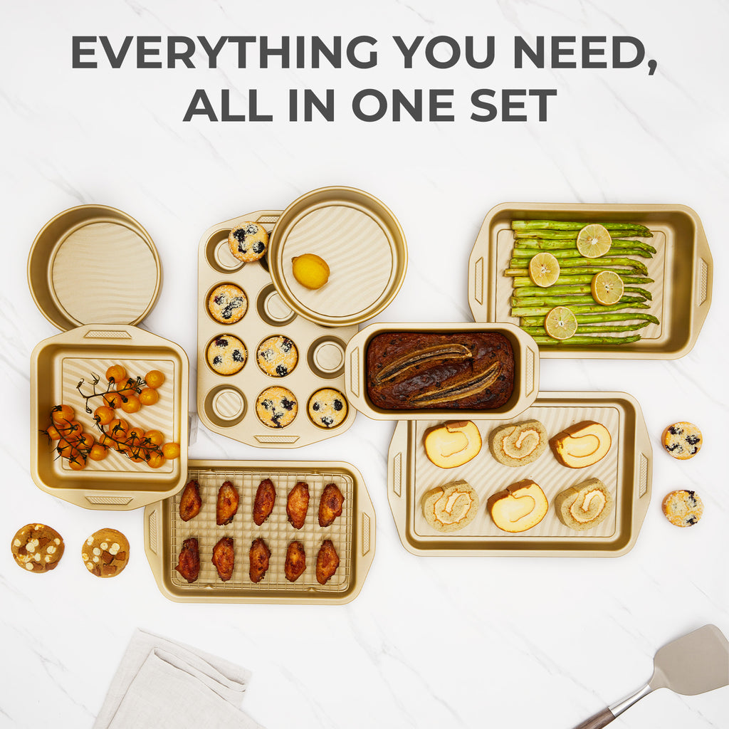 HONGBAKE 34-Piece Non Stick Bakeware Sets with Wave Texture for Reduced Grease, 0.8mm Thick Non Toxic Baking Pans Set, Includes Stackable Cookie Sheets for Oven, Gold