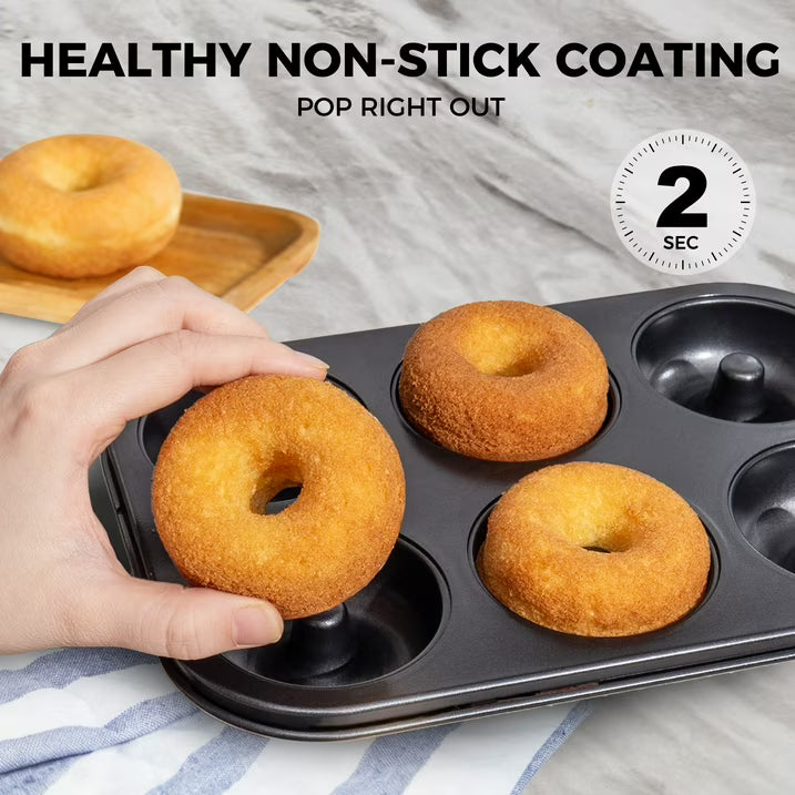 HONGBAKE Nonstick Donut Pans For Baked Doughnuts, 2-Pack 6 Cavity Upgraded Deepened Doughnut Pan, Heavy Duty Mini Bagel Pan for Oven - Black