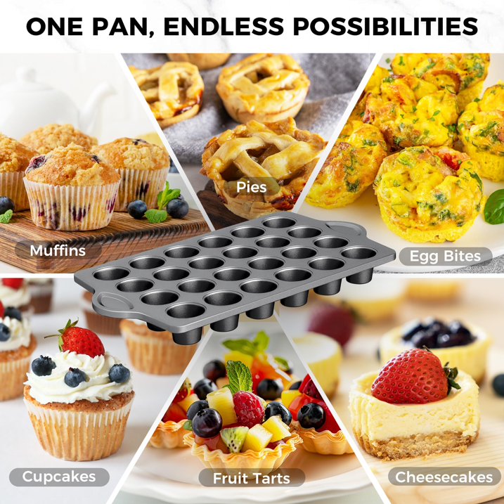 HONGBAKE Mini 24 Ceramic Muffin Pan Set, Nonstick Cupcake Pans with Ear Shaped Wider Grips, Non-toxic, Heavy-duty Small Cheesecake Tray, Gray