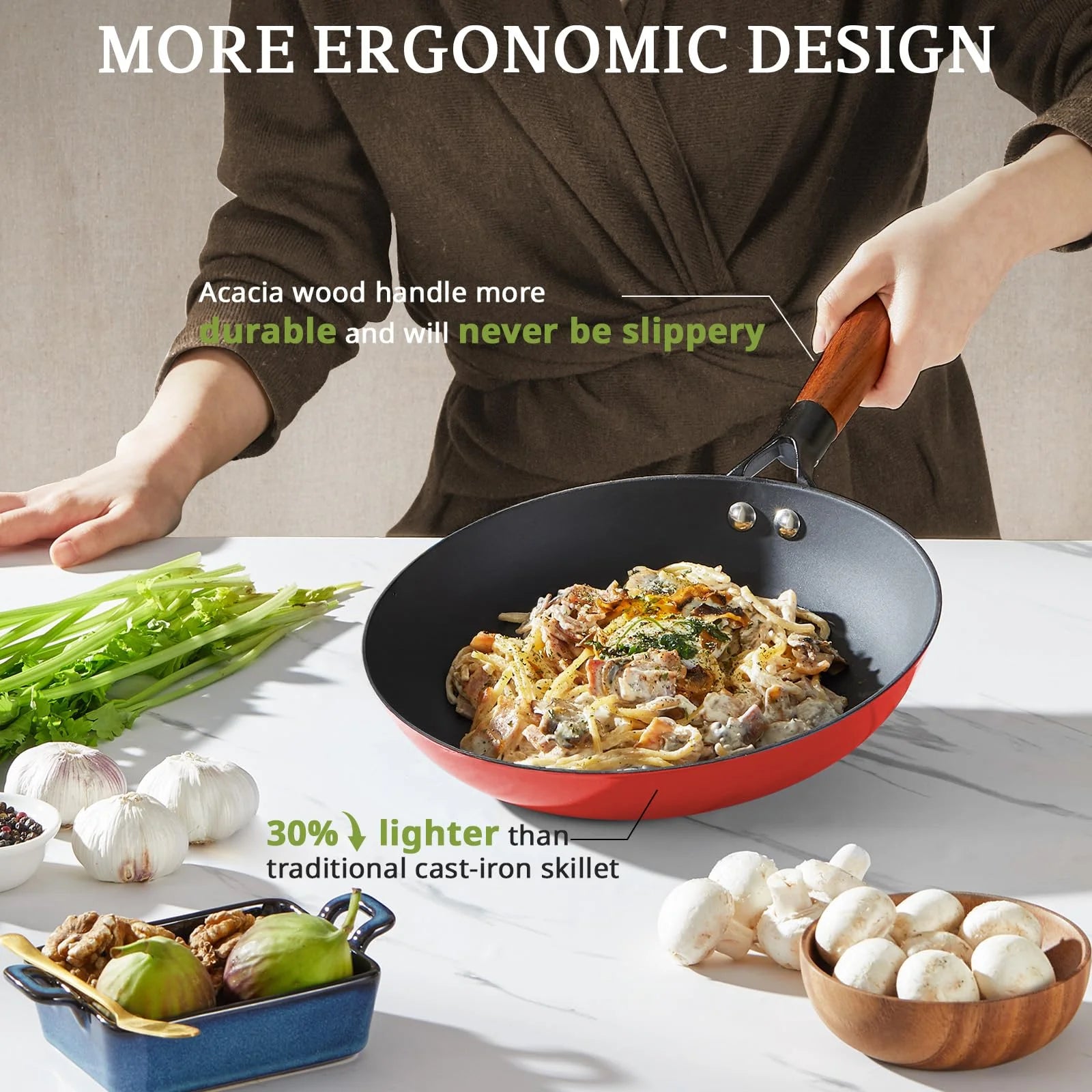 KITESSENSU Enameled Cast Iron Skillets, Non Stick Frying Pans Set with Durable Wooden Handle, 8&10&12 Inch Cast Iron Pans for Multi-Cooking, Pre Seasoned Cookware Set - Gradual Burgundy Red