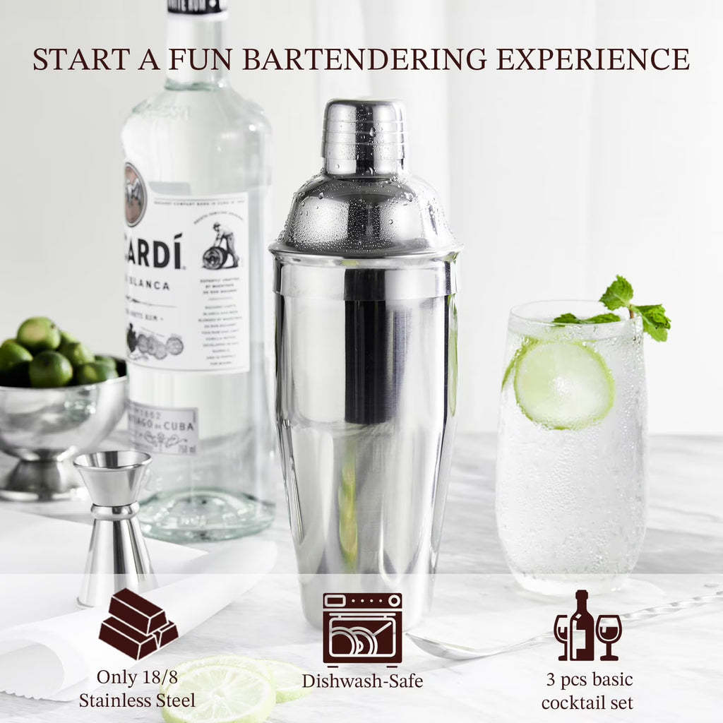 KITESSENSU Cocktail Shaker, Drink Shaker with Bartender Strainer, Measuring Jigger, Bar Mixing Spoon, Professional Drink Mixer Set for Beginners, Silver