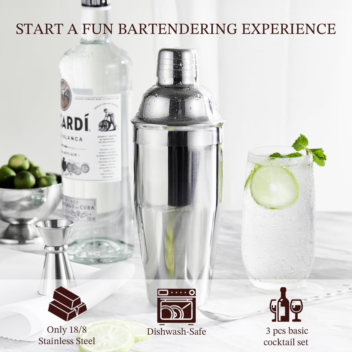 KITESSENSU Cocktail Shaker, Drink Shaker with Bartender Strainer, Measuring Jigger, Bar Mixing Spoon, Professional Drink Mixer Set for Beginners, Silver