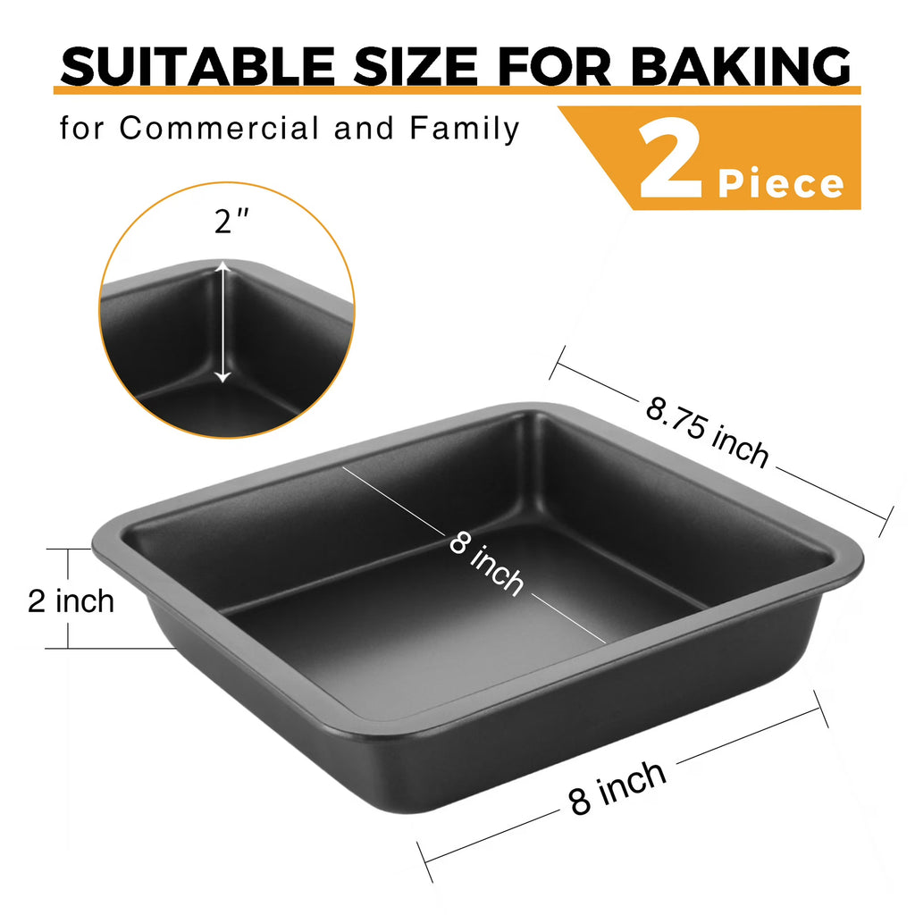 HONGBAKE 8x8 Baking Pan Set, Nonstick Square Baking Pan Set, 2 Piece Brownie Pan and Square Cake Pan for Baking, Heavy Duty Carbon Steel, Grey