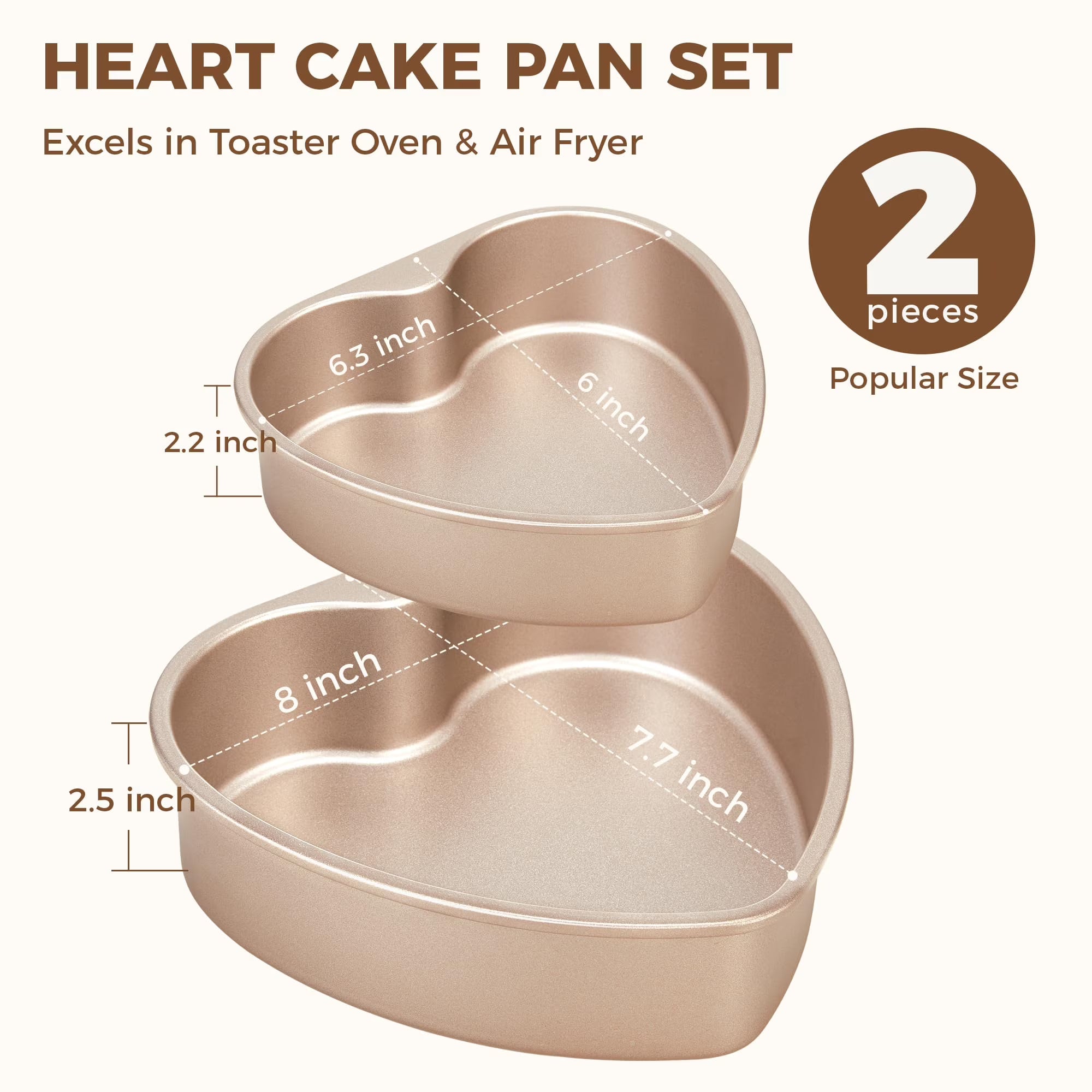 HONGBAKE Heart Shaped Cake Pan, Nonstick 8 & 6 inch Cheesecake Pans Set, Heart Shape Layer Cake Mold, Baking Tin for Valentine's Day, Weddings, 2 Pieces, Heavy Duty, Gold