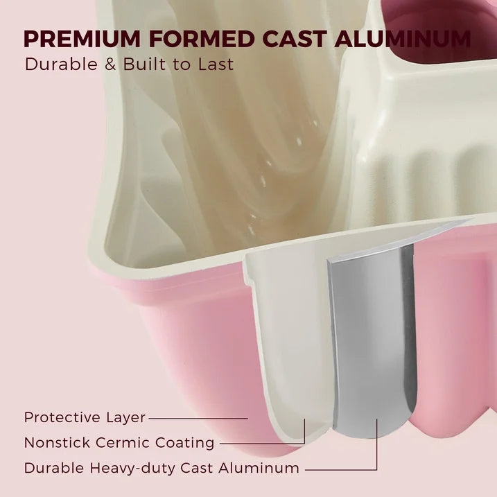 HONGBAKE Heart Shaped Cake Pan, Cast Aluminum Pound Cake Pan with Non-Toxic Ceramic Coating, Nonstick Fluted Cake Mold for Baking, Valentine's Day & Special Occasions,10-Inch, Pink