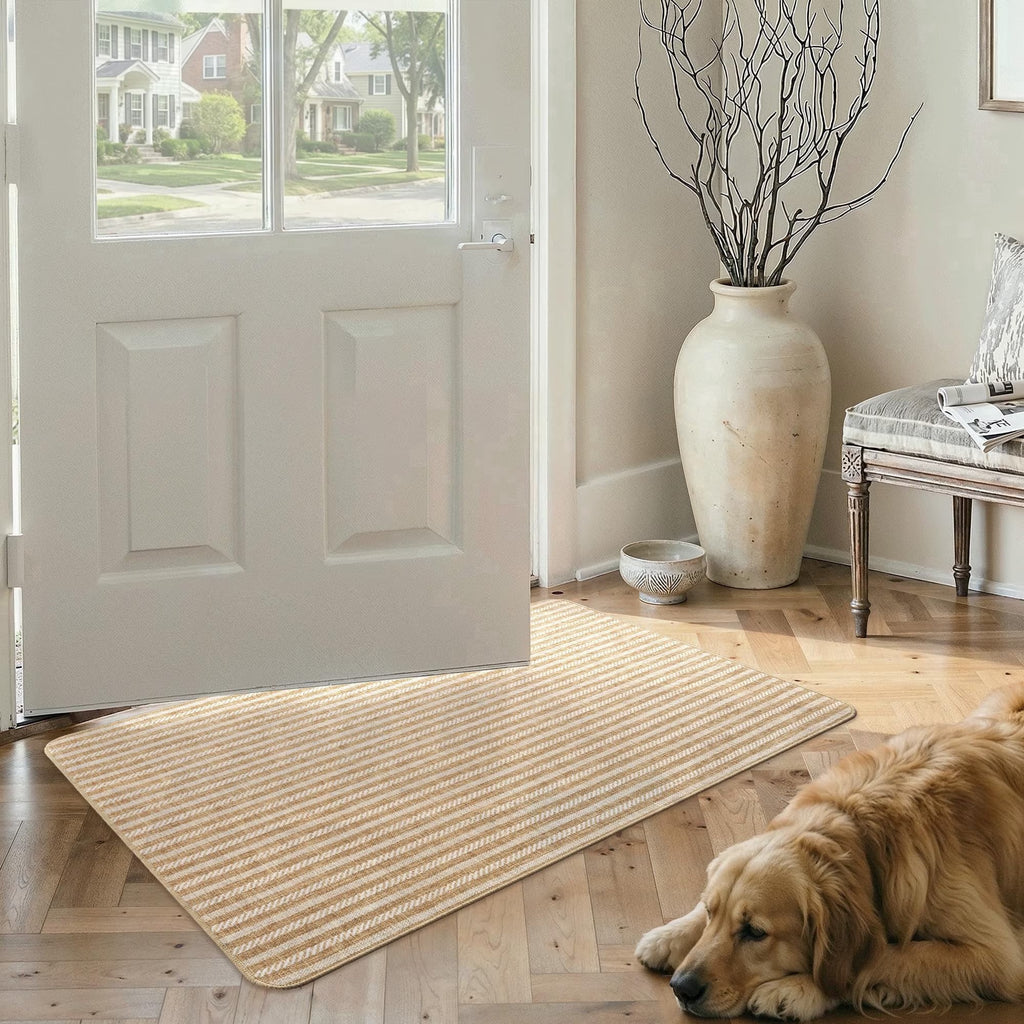 MatEssenz Washable Door Mat 2x3 ft, Inside Welcome Mat, Low Profile Entryway Rug, Neutral Striped Faux Linen, Non-Slip Mudroom & Back Door Mat, Pet Friendly, Khaki