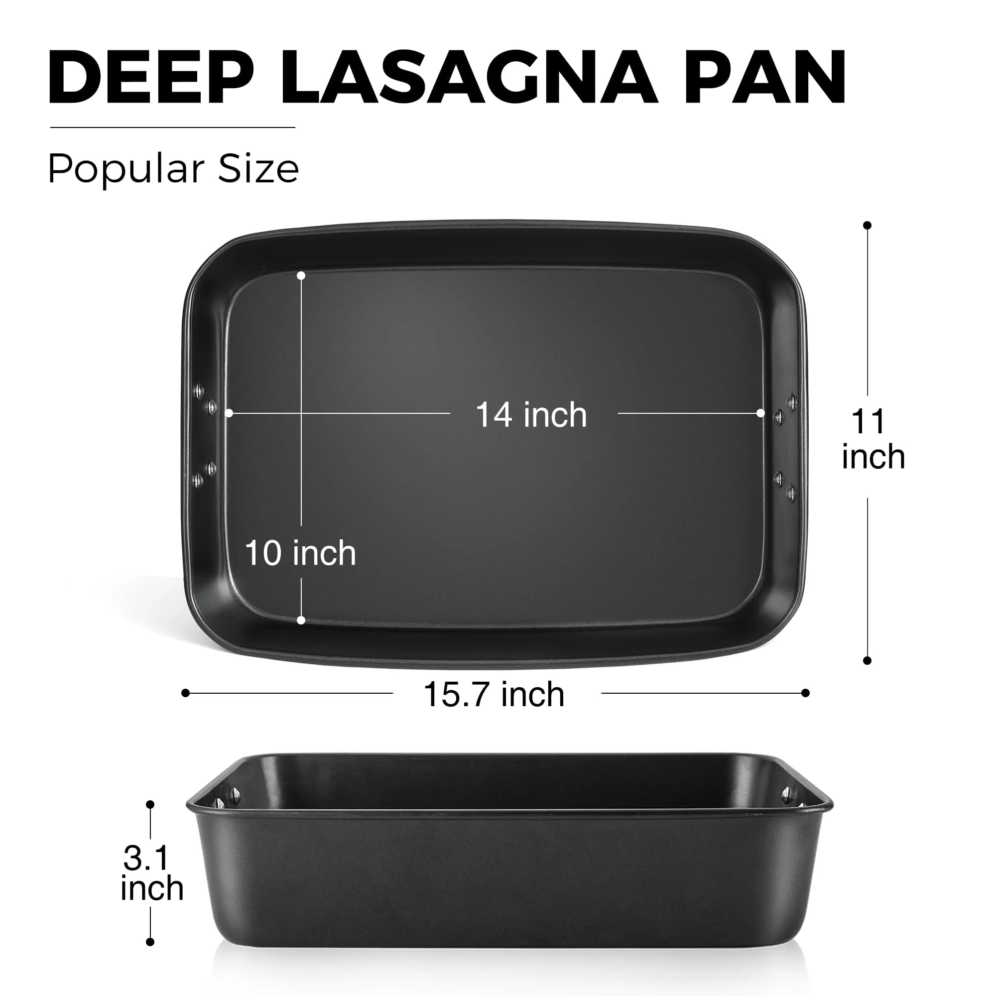 HONGBAKE Lasagna Pan 3 Inch Deep, 15x10" Baking Pan for Oven, Nonstick Cake Baking Dish for Brownie, Roasting Pans with Stainless Steel Handles, Heavy Duty, Dishwasher Safe, Dark Grey