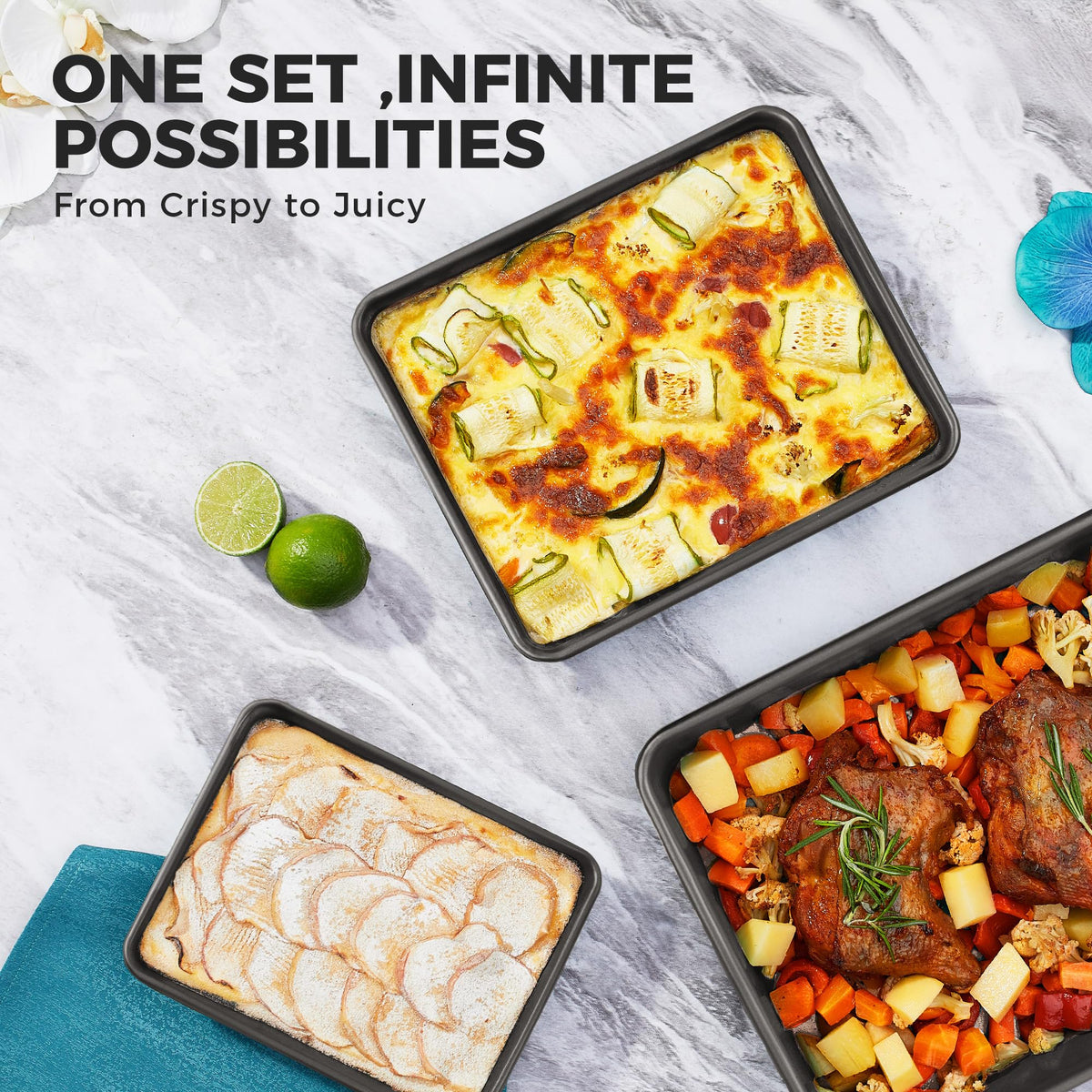 HONGBAKE Deep Baking Pans Set of 3, Nonstick Rectangle Sheet Cake Pans, 13/11/9 Inch Metal Oven Tray for Cooking Lasagna Brownie, Stackable Multi-Depth Bakeware, Black