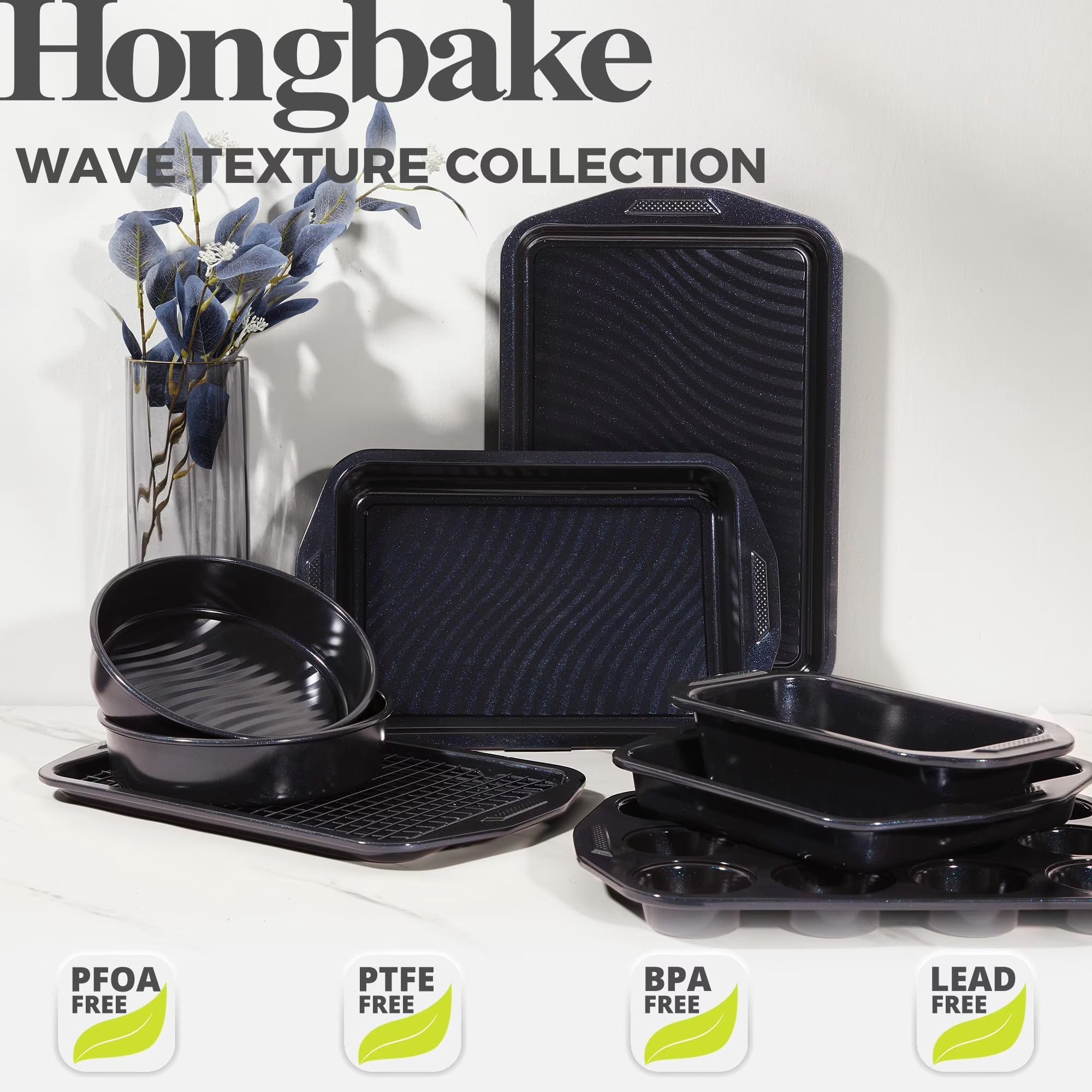 HONGBAKE 9-Piece Non Stick Bakeware Sets with Wave Texture for Reduced Grease, 0.8mm Thick Non Toxic Baking Pans Set, Includes Stackable Cookie Sheets for Oven Cooking, Shimmer Blue