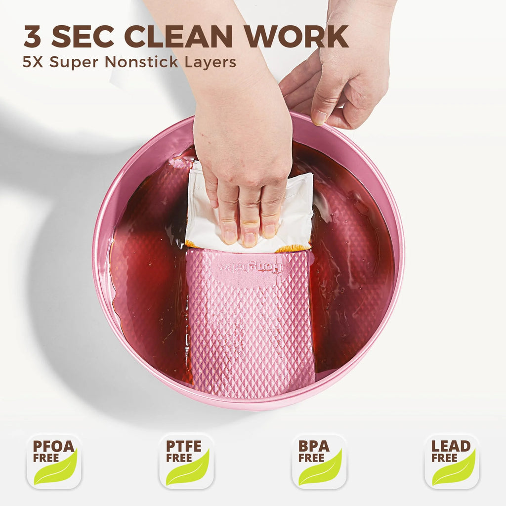 HONGBAKE 9-Piece Baking Pans Set Nonstick, Stackable Non Toxic Bakeware Sets with Diamond Texture, Oven Pan Set for Cooking, Includes Cookie Sheet with Rack, Cake Pan, Roasting Pan, Muffin Pan, Pink