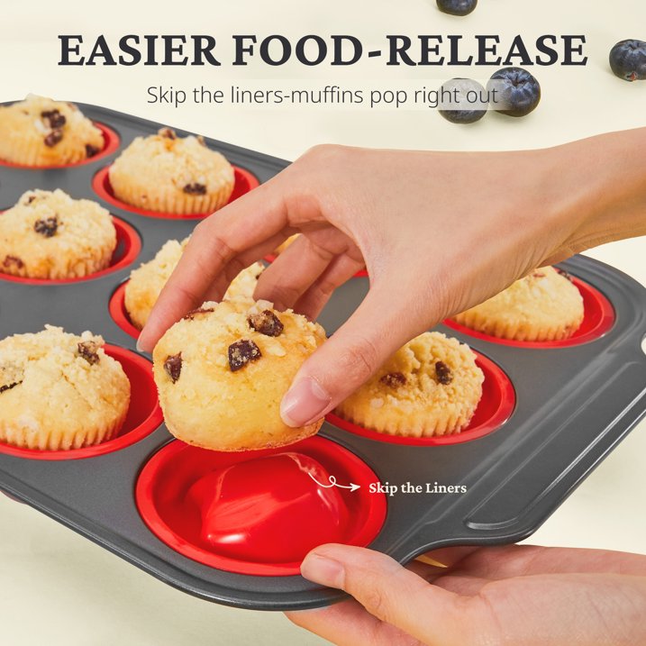 HONGBAKE Silicone Muffin Pan with Metal Frame, Silicone Cupcake Molds 12 Regular Size, Muffin Tin Easy to Pop, Nonstick Egg Bite Molds for Baking, Non Toxic Muffin Tray, Red