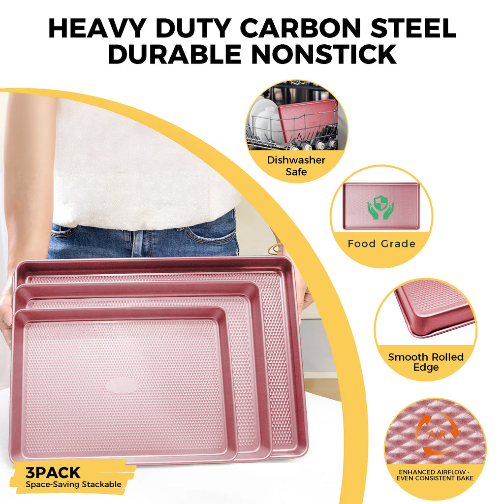 HONGBAKE Cookie Sheets Nonstick Sets, Baking Pan, Cookie Sheets for Baking with Diamond Texture Pattern, Heavy Duty Baking Sheet Pans for oven - Diamond Pink