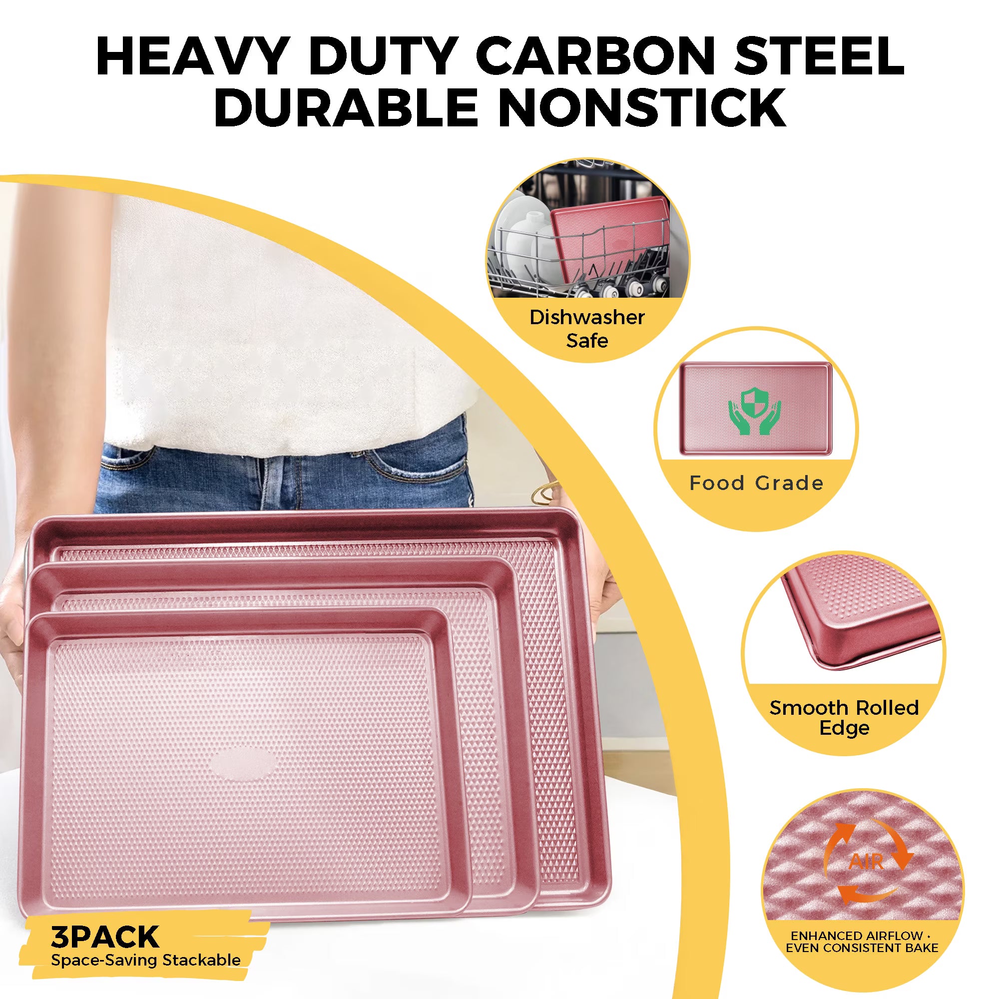 HONGBAKE Cookie Sheets Nonstick Sets, Baking Pan, Cookie Sheets for Baking with Diamond Texture Pattern, Heavy Duty Baking Sheet Pans for oven - Diamond Pink