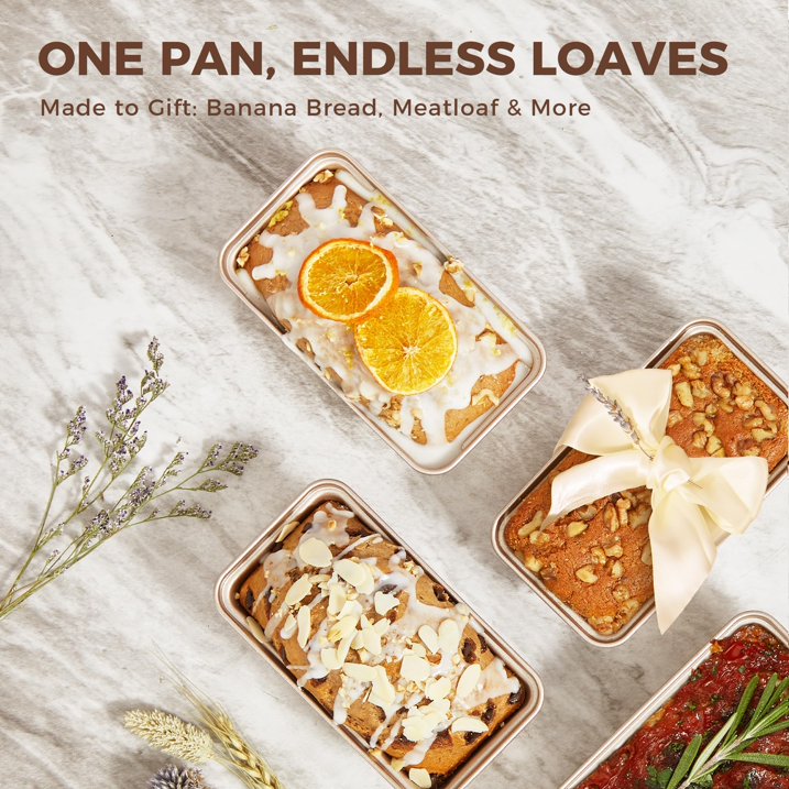 HONGBAKE 3 Pack Nonstick Mini Loaf Pans, 6 x 3.3 x 2 Inch Small Bread Pans for Homemade Bread, Banana Small Baking Pans with Diamond Texture, Non-toxic Mini Meatloaf Pans Set, Champagne Gold