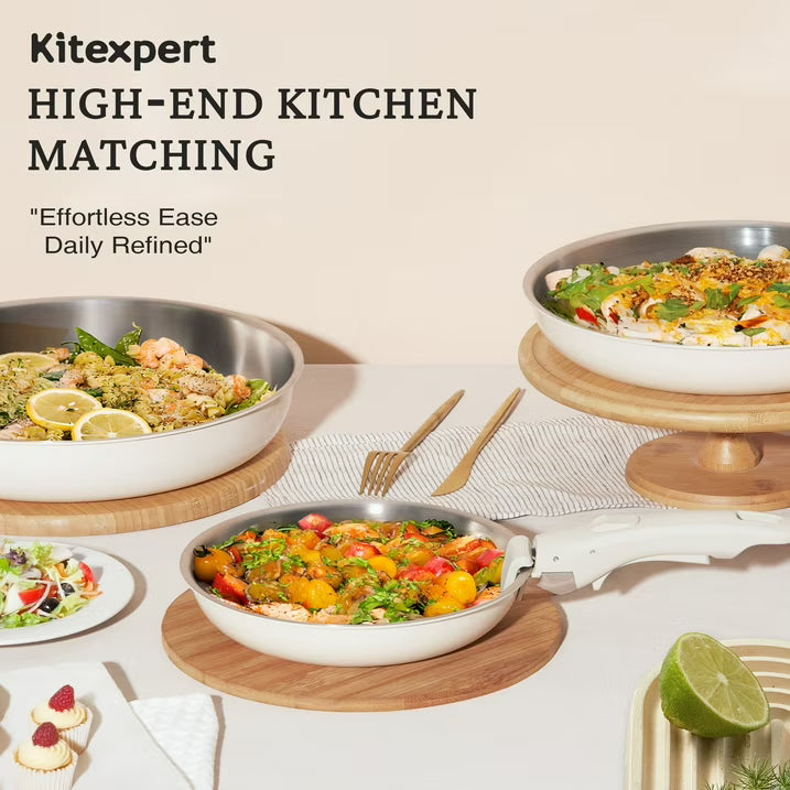Kitexpert Stainless Steel Frying Pan Set, 8" 10" 12" Nonstick Skillet Pans with Removable Handle, Tri-Ply Cookware, Dishwasher & Oven Safe, Induction Compatible, Beige