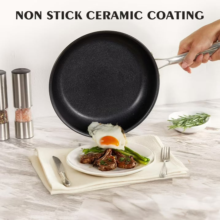 KITEXPERT Non Stick Frying Pans with Lid, 10" Titanium Ceramic Pan Nonstick Stainless Steel Skillet, Quick-Cool Handle, Dishwasher & Oven Safe, Compatible with All Cooktops