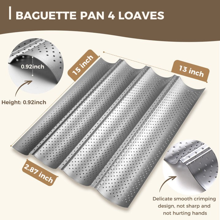 KITESSENSU Nonstick Baguette Pans for Baking, Perforated 4 Loaves French Bread Pan, Heavy Duty Baguette Baking Pans, Non Toxic Stainless Steel Baguette Tray for Oven, 15" x 13", Silver