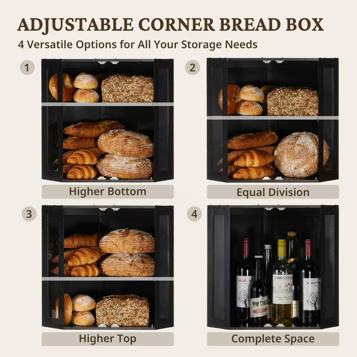 Double Layer Corner Bread Box for Kitchen Counter with Height-adjustable Partition, Black Bamboo Wooden Bread Box for Multiple Loaves, Modern Breadbox for Kitchen Countertop -Large