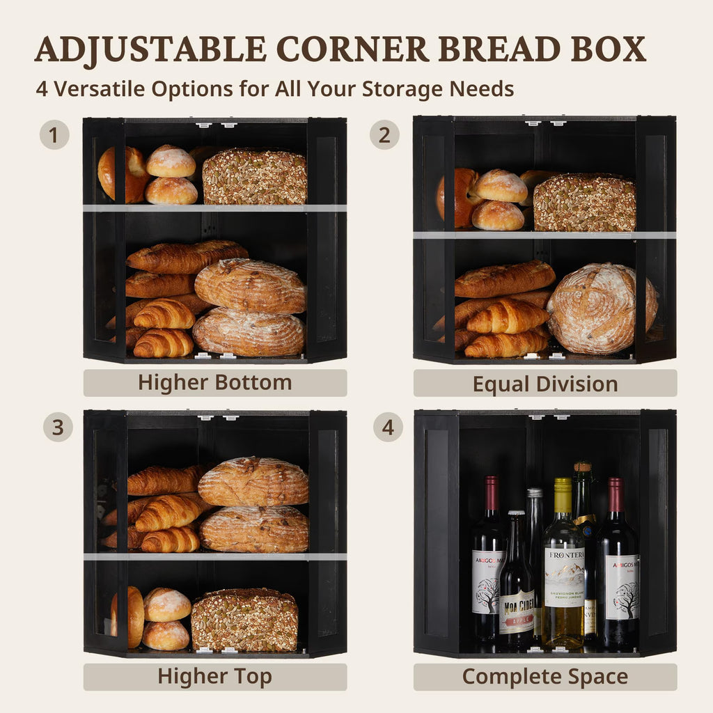 Double Layer Corner Bread Box for Kitchen Counter with Height-adjustable Partition, Black Bamboo Wooden Bread Box for Multiple Loaves, Modern Breadbox for Kitchen Countertop -Small