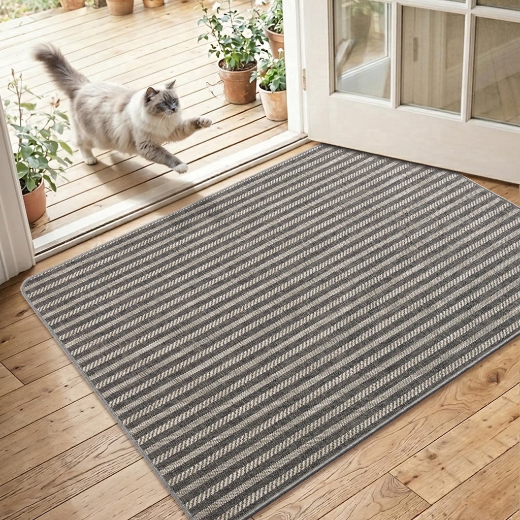 MatEssenz Washable Door Mat 2x3 ft, Inside Welcome Mat, Low Profile Entryway Rug, Neutral Striped Faux Linen, Non-Slip Mudroom & Back Door Mat, Pet Friendly, Grey