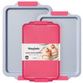 HONGBAKE Non Toxic Ceramic Cookie Sheets for Baking, 3-piece Non Stick Baking Sheet Pans for Oven, Heavy Duty Aluminized Steel Baking Pans Set with Silicone Handles -Rose Red
