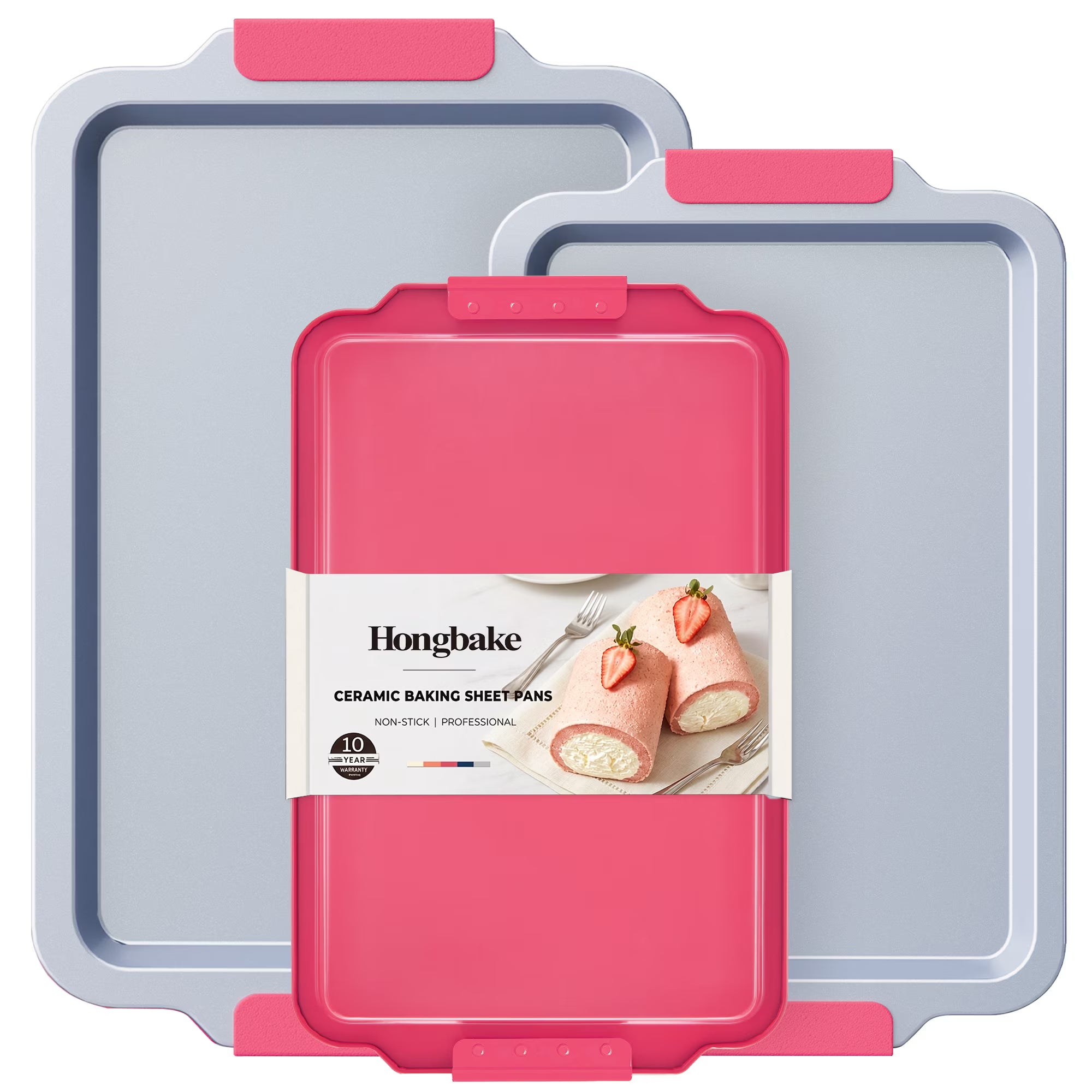 HONGBAKE Non Toxic Ceramic Cookie Sheets for Baking, 3-piece Non Stick Baking Sheet Pans for Oven, Heavy Duty Aluminized Steel Baking Pans Set with Silicone Handles -Rose Red