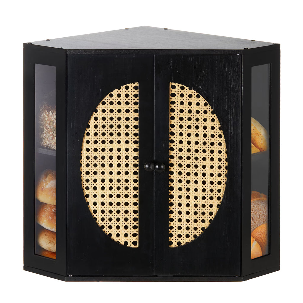 Double Layer Corner Bread Box for Kitchen Counter with Height-adjustable Partition, Black Bamboo Wooden Bread Box for Multiple Loaves, Modern Breadbox for Kitchen Countertop -Large
