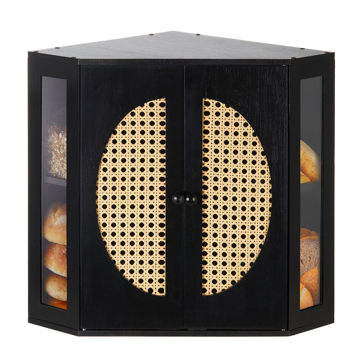 Double Layer Corner Bread Box for Kitchen Counter with Height-adjustable Partition, Black Bamboo Wooden Bread Box for Multiple Loaves, Modern Breadbox for Kitchen Countertop -Large