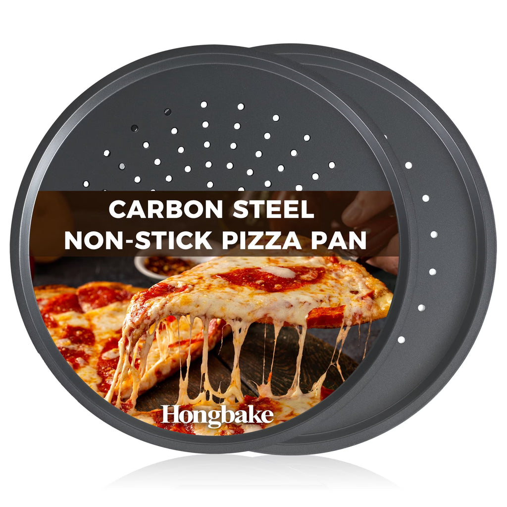 HONGBAKE 14 Inch Pizza Pan for Baking, 2 Pack Non-Stick Non-Stick Pizza Tray for Oven, Carbon Steel Perforated Crispy Pizza pan with Holes, Round Baking Pan for Frozen & Homemade Pizza, Grey