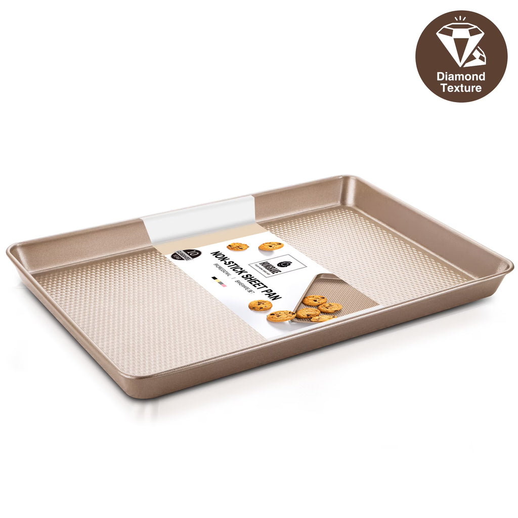 HONGBAKE Jelly Roll Pan 15x10 with Diamond Texture, Cookie Sheet for Baking, Non Stick Baking Sheet Pan for Oven, Heavy Duty Baking Trays Non Toxic, 57% Thicker Carbon Steel, Gold