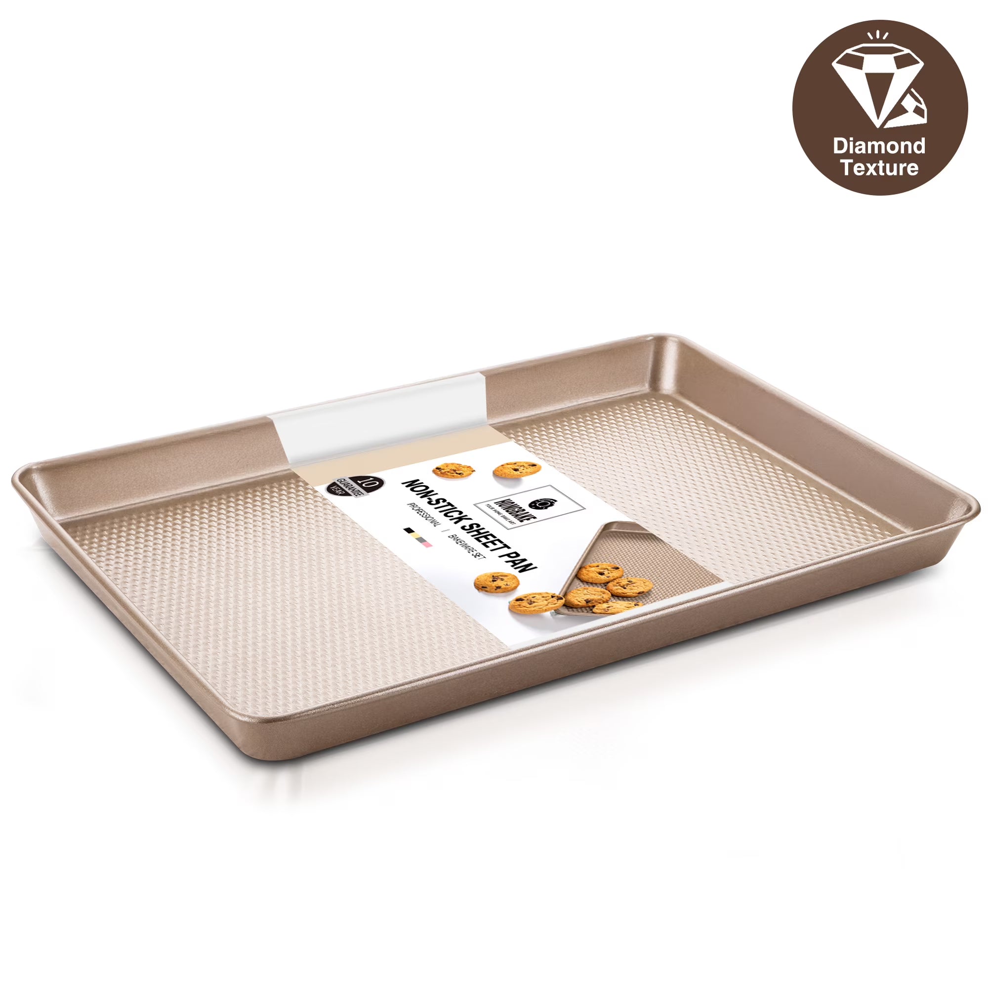 HONGBAKE Jelly Roll Pan 15x10 with Diamond Texture, Cookie Sheet for Baking, Non Stick Baking Sheet Pan for Oven, Heavy Duty Baking Trays Non Toxic, 57% Thicker Carbon Steel, Gold