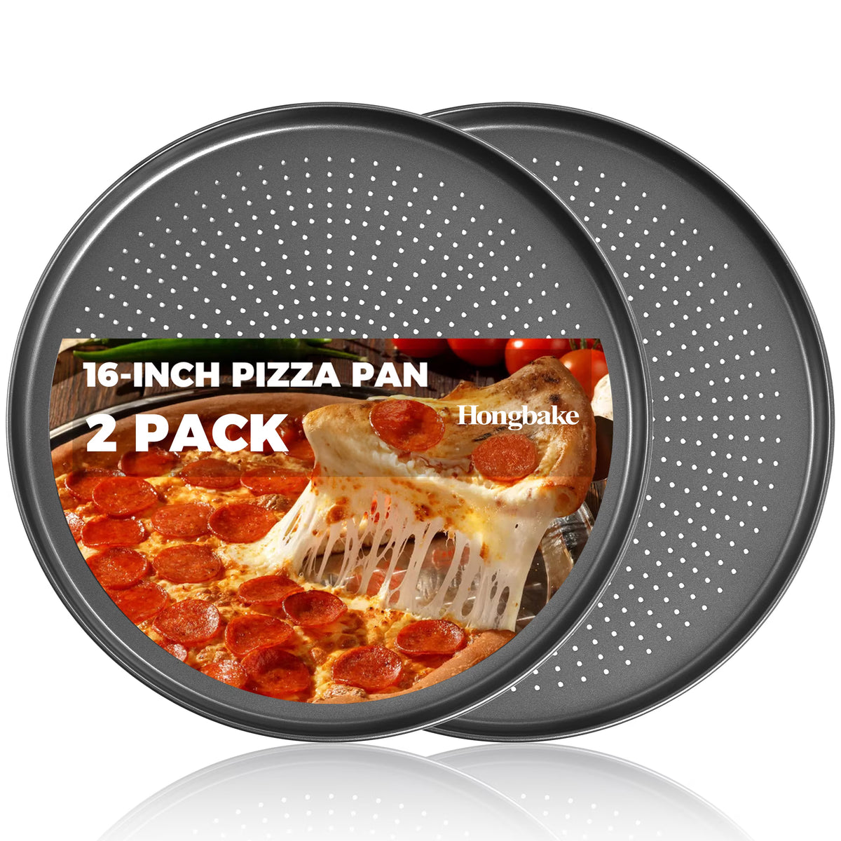 HONGBAKE 16 Inch Pizza Pan for Baking, 2 Pack Non-Stick Non-Stick Pizza Tray for Oven, Carbon Steel Perforated Crispy Pizza pan with Holes, Round Baking Pan for Frozen & Homemade Pizza, Grey