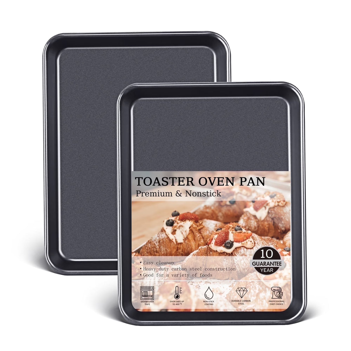 HONGBAKE 2 Pack 9.7"X7.6" Small Cookie Sheet, 57% Thicker Nonstick 1/8 Toaster Oven Pans, Heavy Duty Cookie Sheet Pan Set, Baking Sheet, Black