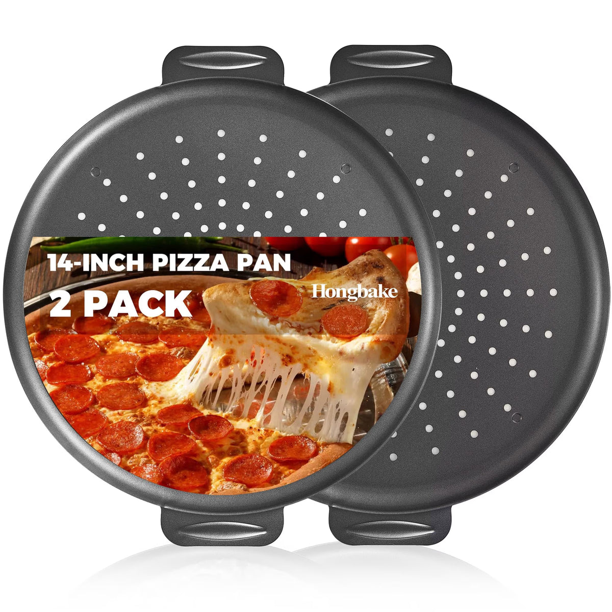 HONGBAKE 2 Pack Pizza Pan 14 Inch with Holes, Nonstick Pizza Pan for Oven, 0.8mm Carbon Steel Perforated Pizza Tray with Wider Handles, Round Baking Sheet for Frozen & Homemade Pizza, Grey