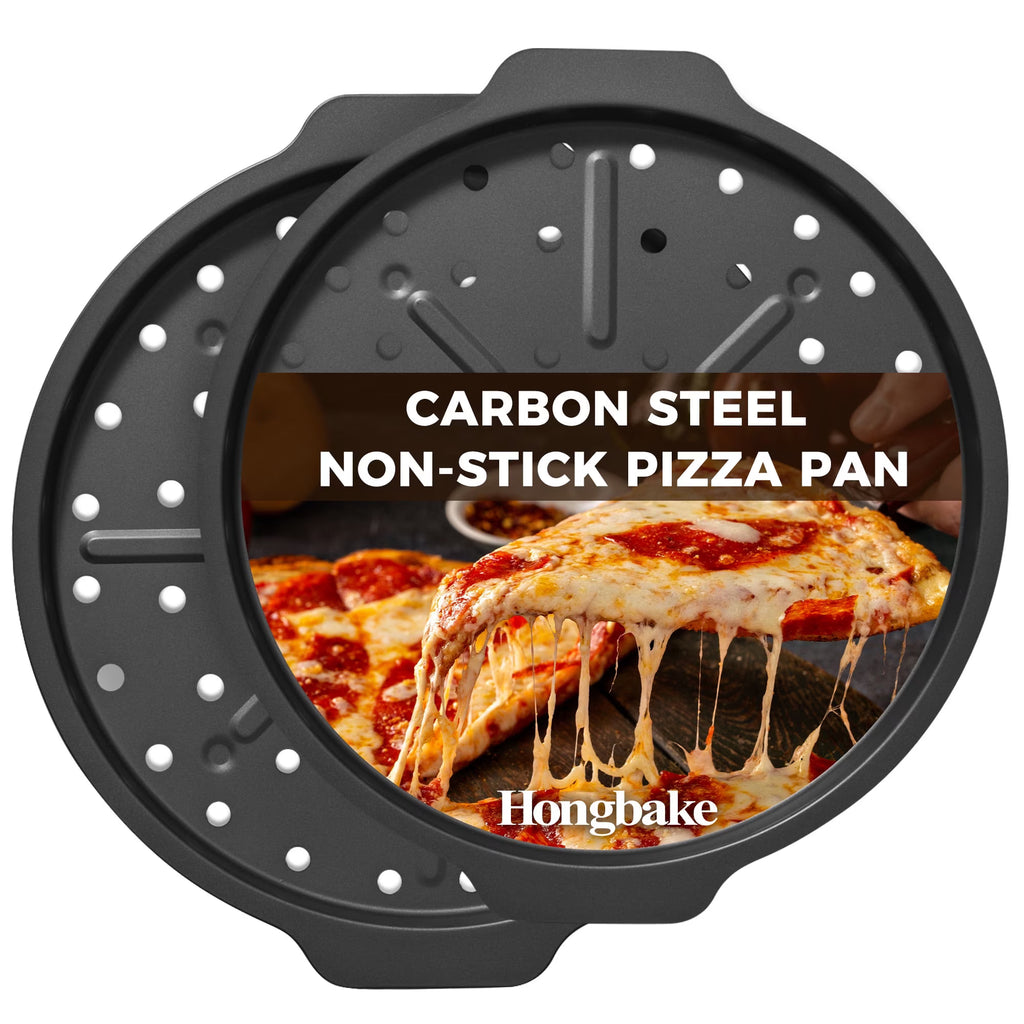 HONGBAKE 12 Inch Pizza Pan with Holes, 2 Pack Non-Stick Pizza Pans for Baking, Carbon Steel Perforated Crispy Pizza Tray for Oven for Home Kitchen, Pizza Sheet Baking Supplies, Grey