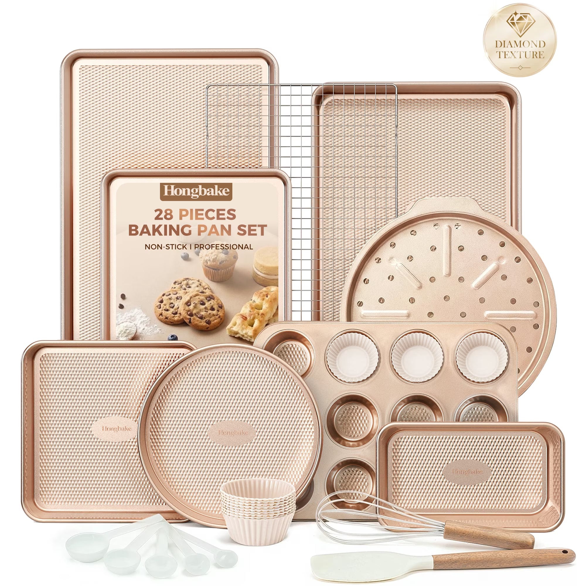 HONGBAKE 28-Piece Bakeware Set, Nonstick Baking Pans with Cookie Sheet & Rack, Cake Pan, Muffin Pan, Pizza Pan, Loaf Pan, Gold