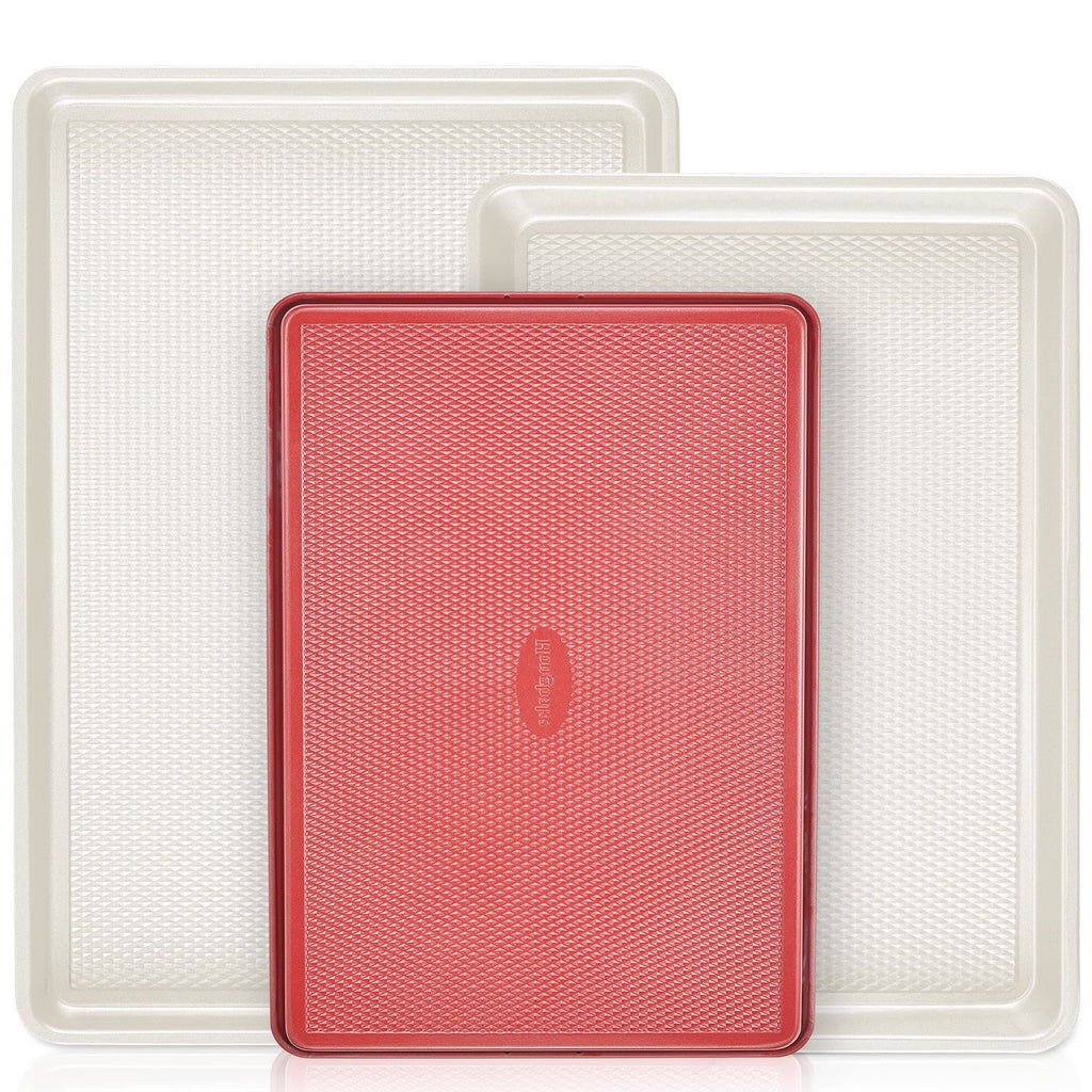 HONGBAKE Ceramic Cookie Sheets Nonstick Sets, Non-Toxic Baking Pan, Cookie Sheets for Baking with Diamond Texture Pattern, 0.8mm Aluminized Stee Baking Sheet Pans for oven, Ceramic Cream & Red