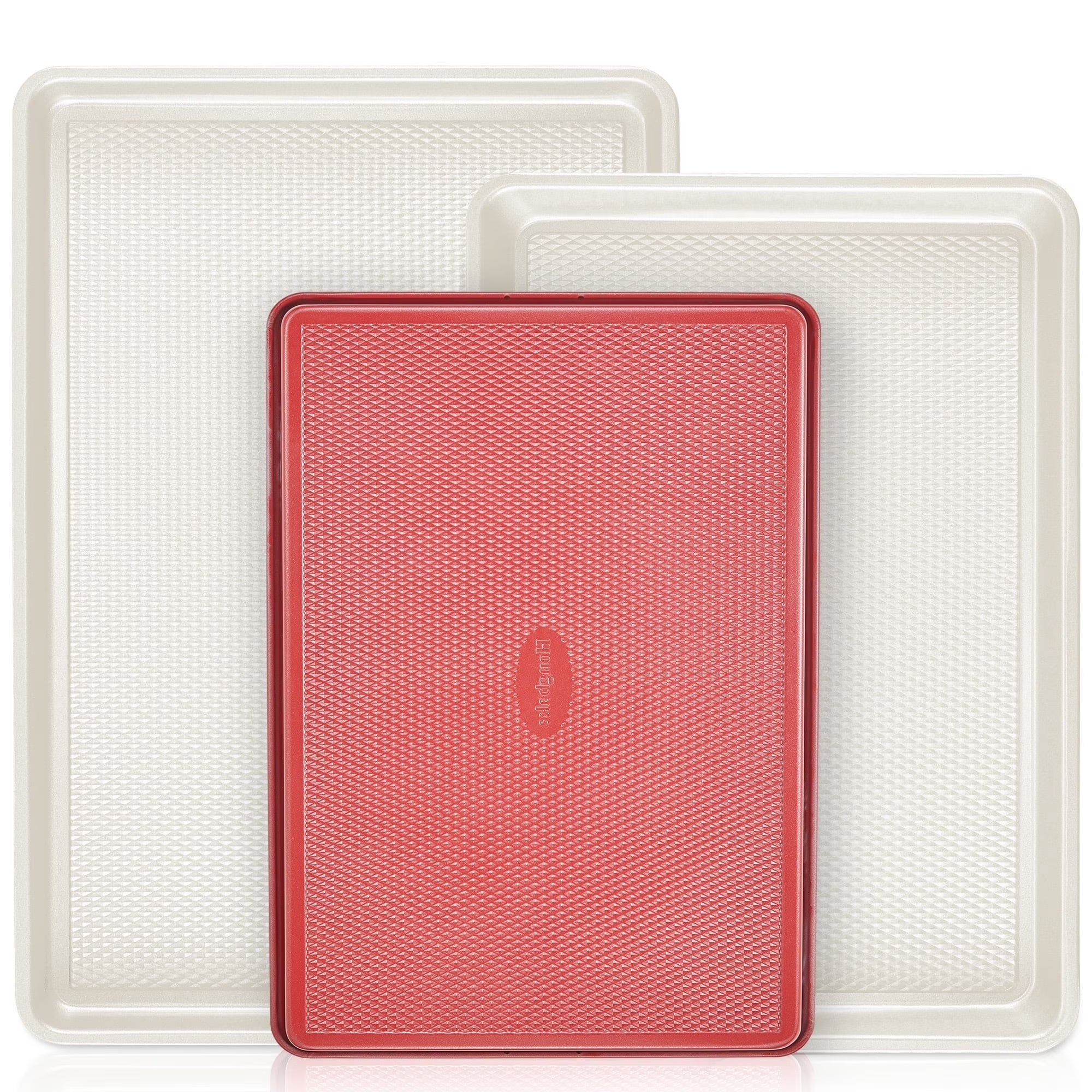 HONGBAKE Ceramic Cookie Sheets Nonstick Sets, Non-Toxic Baking Pan, Cookie Sheets for Baking with Diamond Texture Pattern, 0.8mm Aluminized Stee Baking Sheet Pans for oven, Ceramic Cream & Red