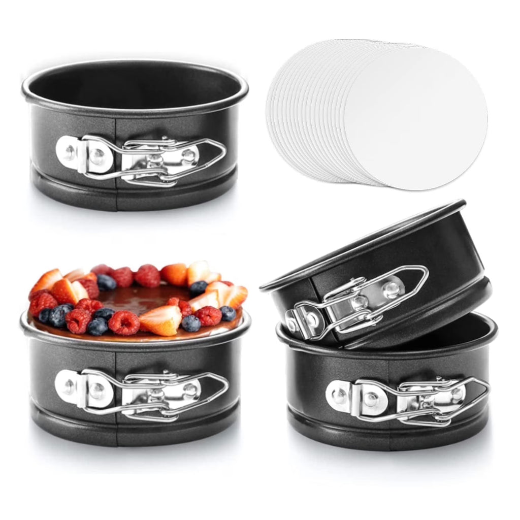 HONGBAKE 4 Inch Springform Pans, Mini Cheesecake Pans with 100 Pcs Parchment Paper Liners, Nonstick Round Cake Pan with Leakproof Removable Bottom for Pizzas, Quiches, 4 Pieces - Dark Grey