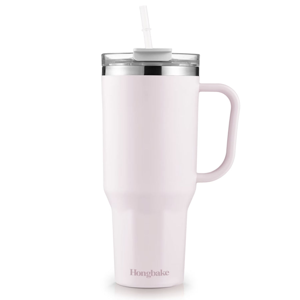 HONGBAKE 40oz Stainless Steel Tumbler with Handle & Straw Lid, Vacuum Insulated Tumbler, Light Pink