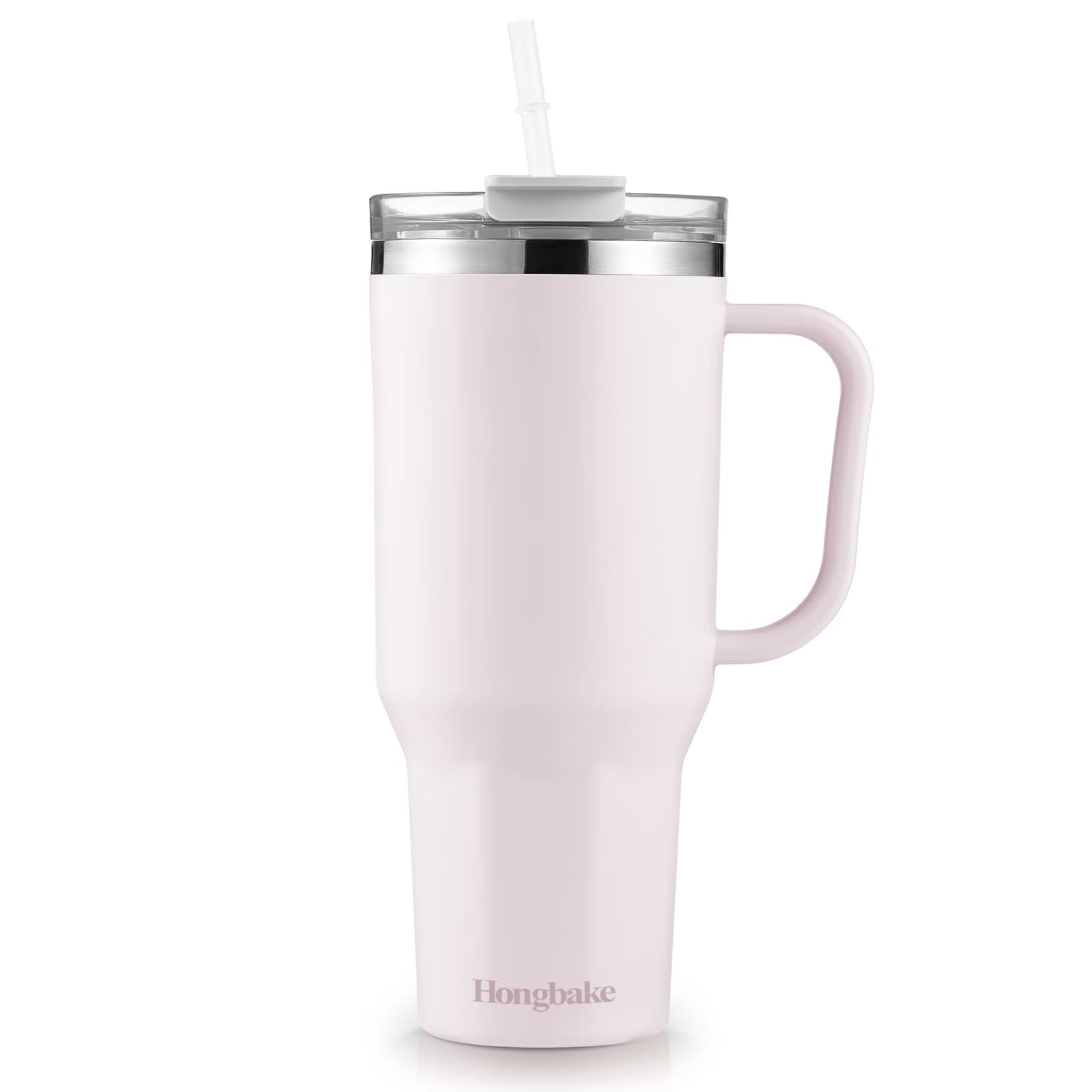 HONGBAKE 40oz Stainless Steel Tumbler with Handle & Straw Lid, Vacuum Insulated Tumbler, Light Pink
