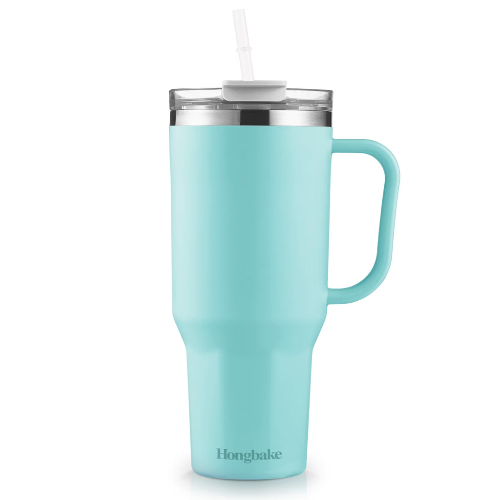 HONGBAKE 40oz Stainless Steel Tumbler with Handle & Straw Lid, Vacuum Insulated Tumbler, Mint Green