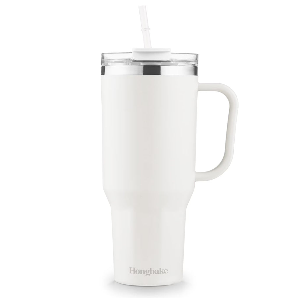 HONGBAKE 40oz Stainless Steel Tumbler with Handle & Straw Lid, Vacuum Insulated Tumbler, White
