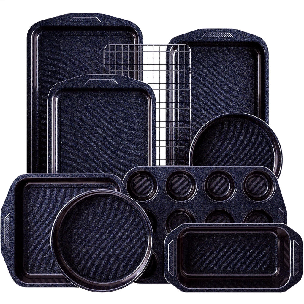 HONGBAKE 9-Piece Non Stick Bakeware Sets with Wave Texture for Reduced Grease, 0.8mm Thick Non Toxic Baking Pans Set, Includes Stackable Cookie Sheets for Oven Cooking, Shimmer Blue