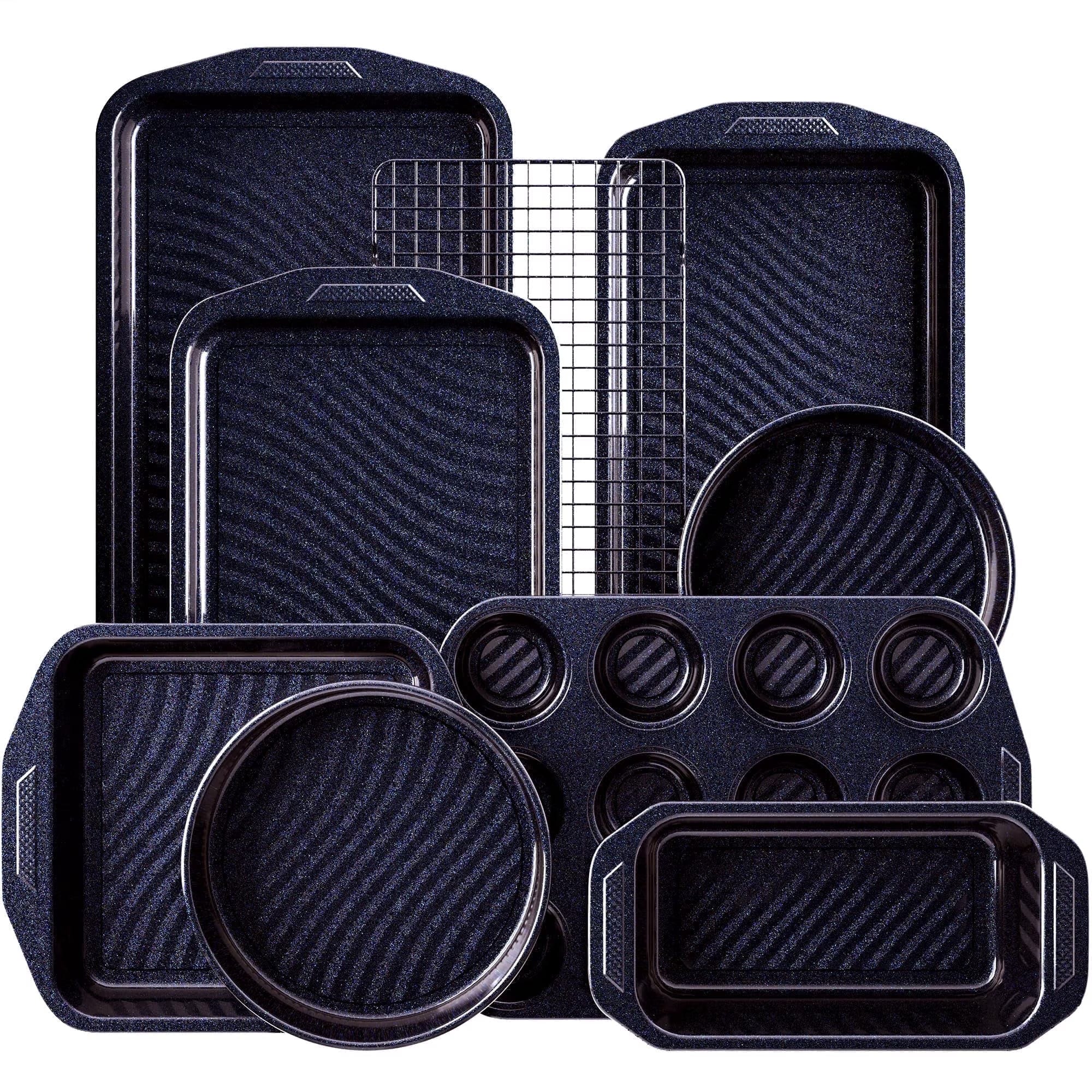 HONGBAKE 9-Piece Non Stick Bakeware Sets with Wave Texture for Reduced Grease, 0.8mm Thick Non Toxic Baking Pans Set, Includes Stackable Cookie Sheets for Oven Cooking, Shimmer Blue