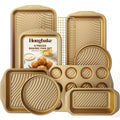 HONGBAKE 9-Piece Non Stick Bakeware Sets with Wave Texture for Reduced Grease, 0.8mm Thick Non Toxic Baking Pans Set, Includes Stackable Cookie Sheets for Oven, Gold