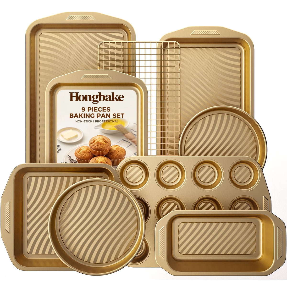 HONGBAKE 9-Piece Non Stick Bakeware Sets with Wave Texture for Reduced Grease, 0.8mm Thick Non Toxic Baking Pans Set, Includes Stackable Cookie Sheets for Oven, Gold